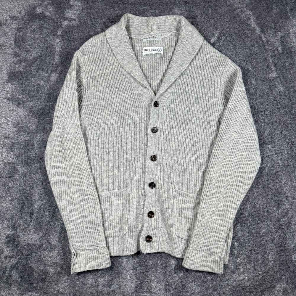 Line of Trade Mens Shetland Wool Shawl Collar Cardigan Sweater Grey Large Ribbed